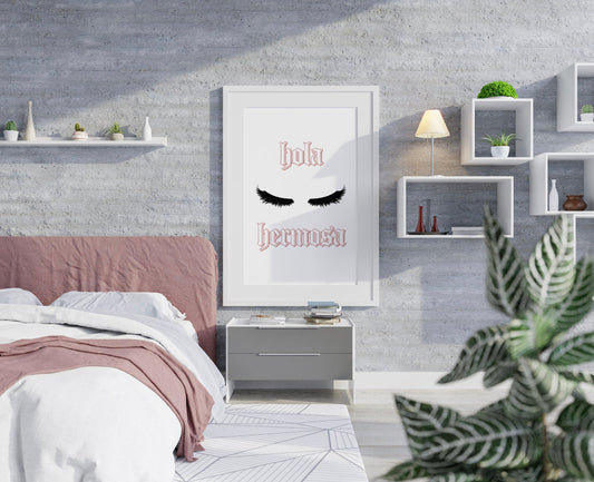 Hola Hermosa Pink Lashes Printable Art | Latina Home Decor, Wall Art, Bathroom Decor, Closet Decor, Dorm Decor, Girls Bedroom Wall Poster