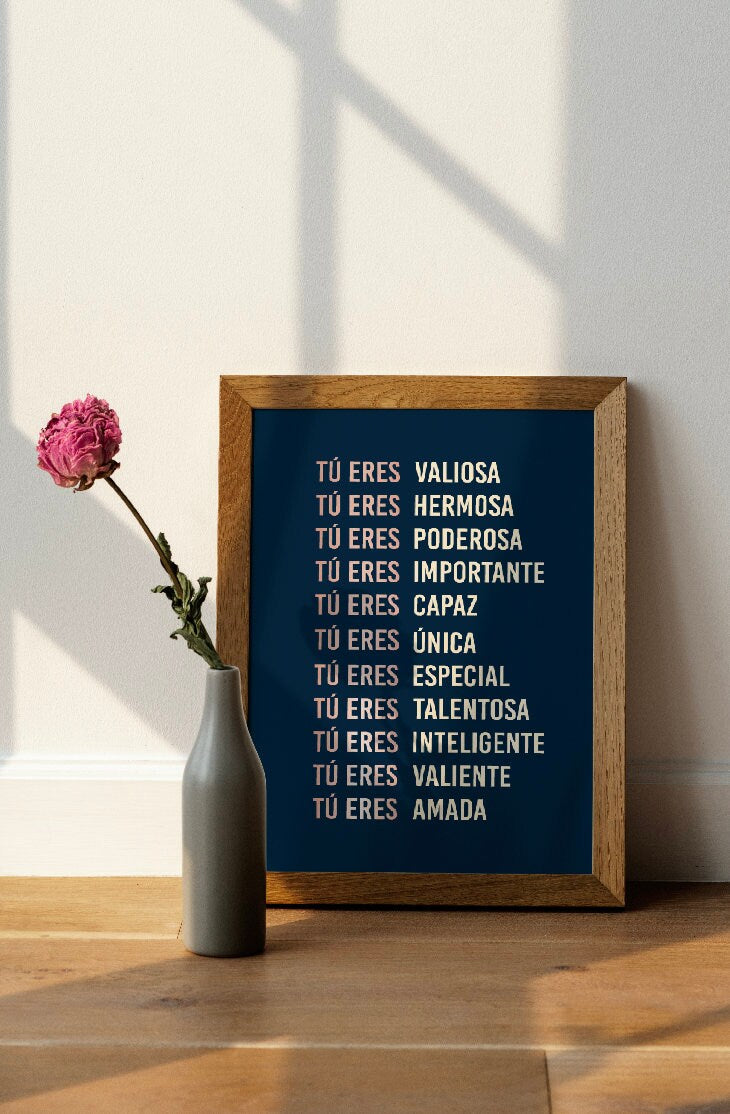 TÚ ERES AFIRMACIÓN | Blue & Rose Gold Physical Print | Latina Feminist Poster, Empowered Women Print, Latina Girl Room