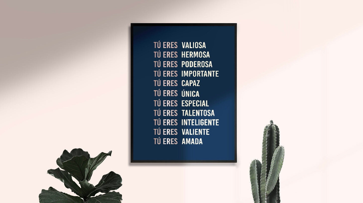 TÚ ERES AFIRMACIÓN | Blue & Rose Gold Physical Print | Latina Feminist Poster, Empowered Women Print, Latina Girl Room
