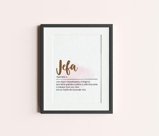 Jefa Definition Printable Wall Art | Gold Lettering & Pink Watercolor. Latina Jefa Inspired, Latina Wall Decor, Latina Home Office Decor